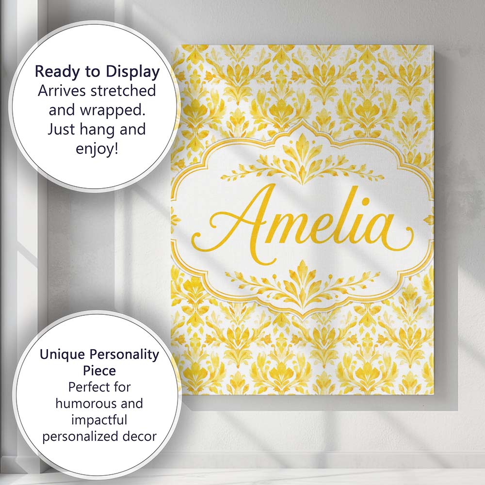 Personalised Name Golden Damask Floral Custom  Modern Room Accent Elegant Feature Canvas Wall Art Print Decor Picture Ready to Hang