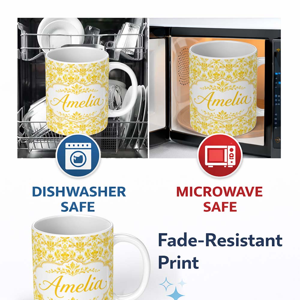 Personalized Custom Name Golden Damask Floral Vintage Ornamental Seamless Pattern Name Cute 11oz Ceramic Coffee Tea Mug White Large Handle