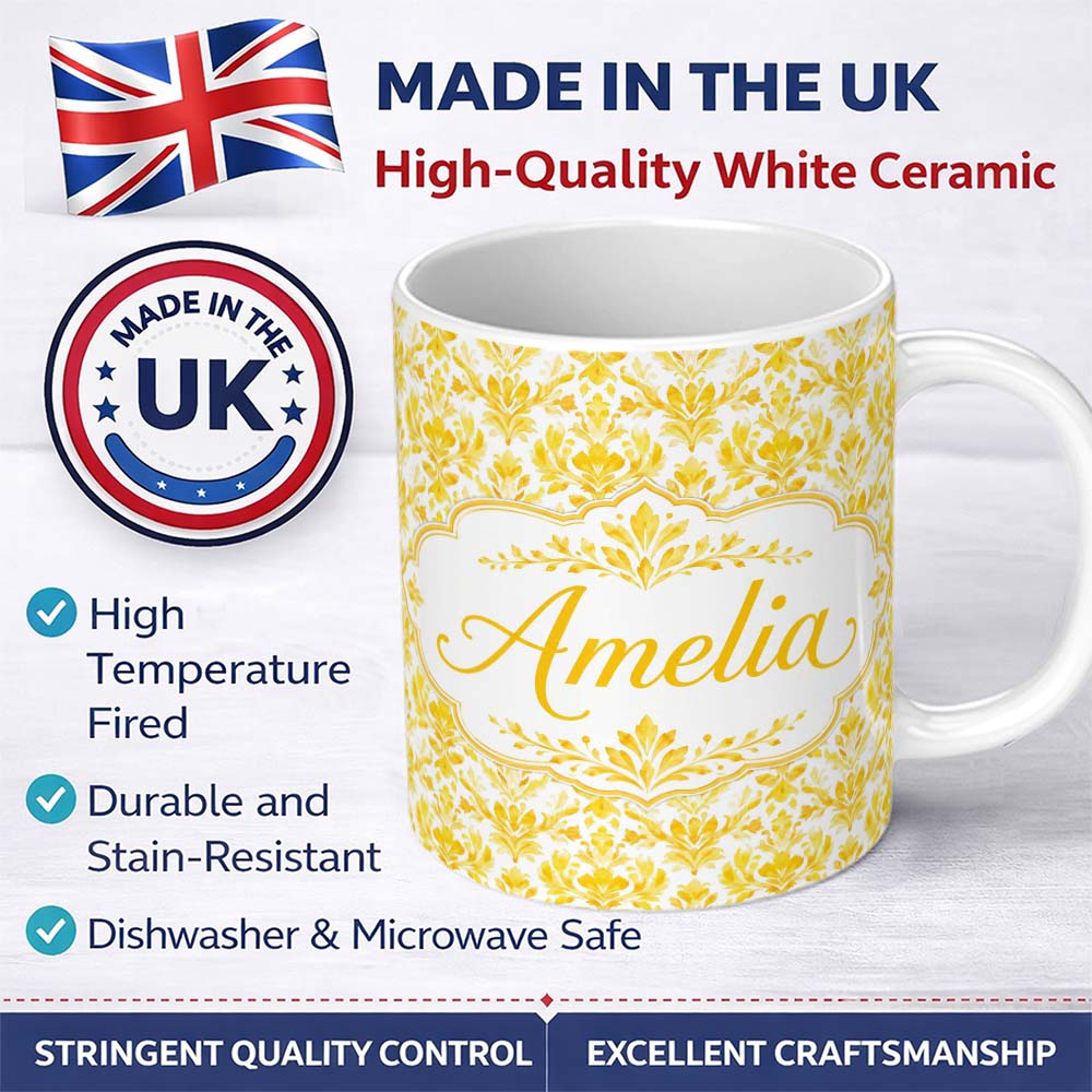 Personalized Custom Name Golden Damask Floral Vintage Ornamental Seamless Pattern Name Cute 11oz Ceramic Coffee Tea Mug White Large Handle
