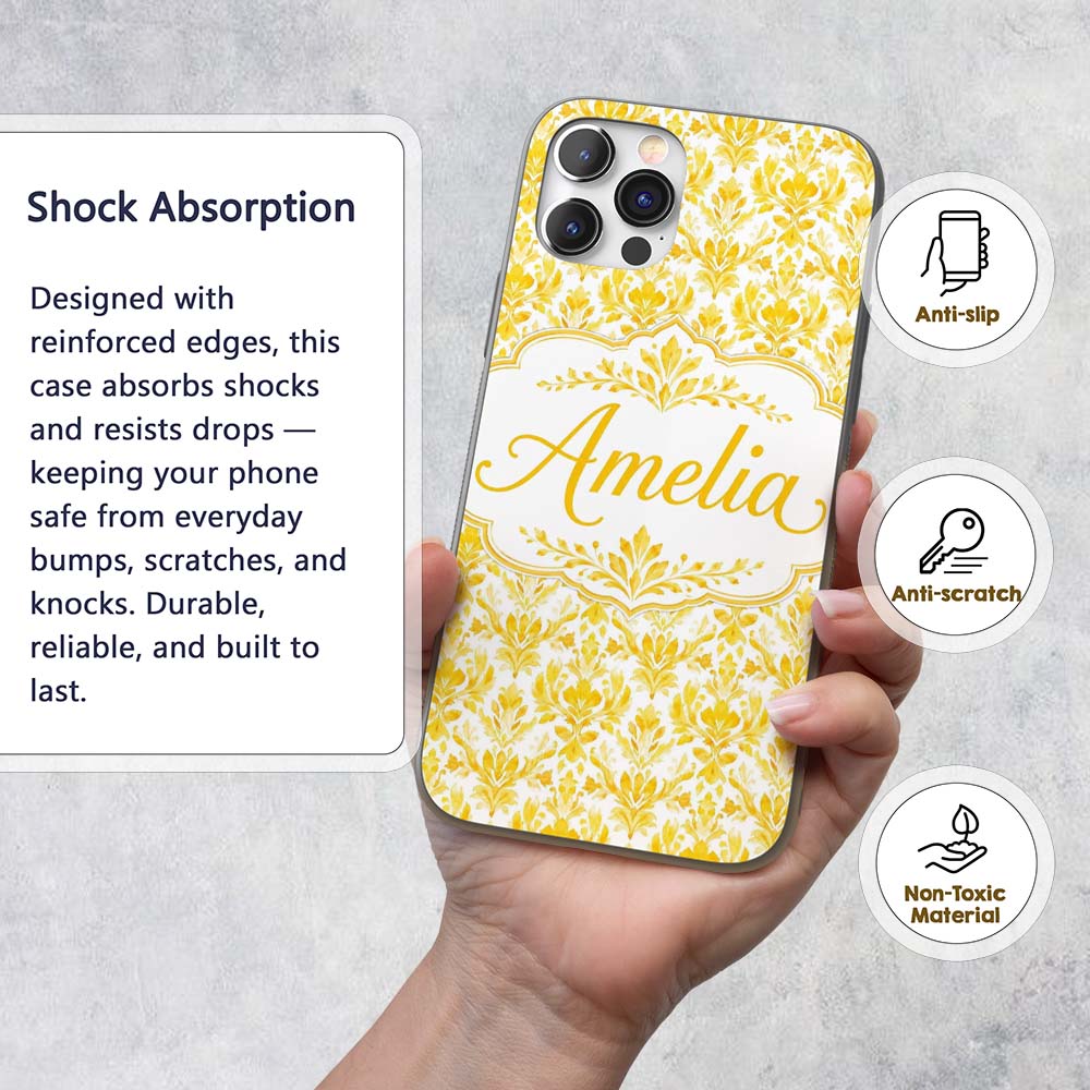 Golden Damask Floral Vintage Ornamental Seamless Custom Name Protective Phone Case Mobile Cover Durable Everyday Smartphone Shock Resistant