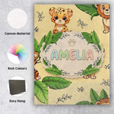 Personalised Name Cute Jungle Animals Lion Tiger Leopard Light Grey Custom Canvas Wall Art Print Decor Picture Ready to Hang