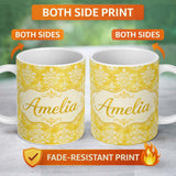 Personalized Custom Name Yellow Watercolor Damask Classic Elegant Seamless Pattern Custom 11oz Ceramic Coffee Tea Mug White Large Handle