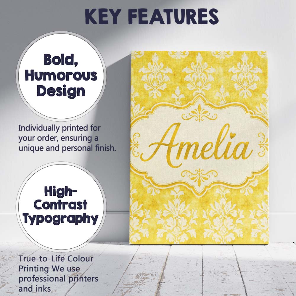 Personalised Name Yellow Watercolor Damask Custom  Unique Gift Idea Elegant Feature Canvas Wall Art Print Decor Picture Ready to Hang