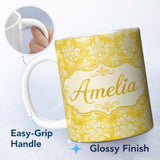 Personalized Custom Name Yellow Watercolor Damask Classic Elegant Seamless Pattern Custom 11oz Ceramic Coffee Tea Mug White Large Handle