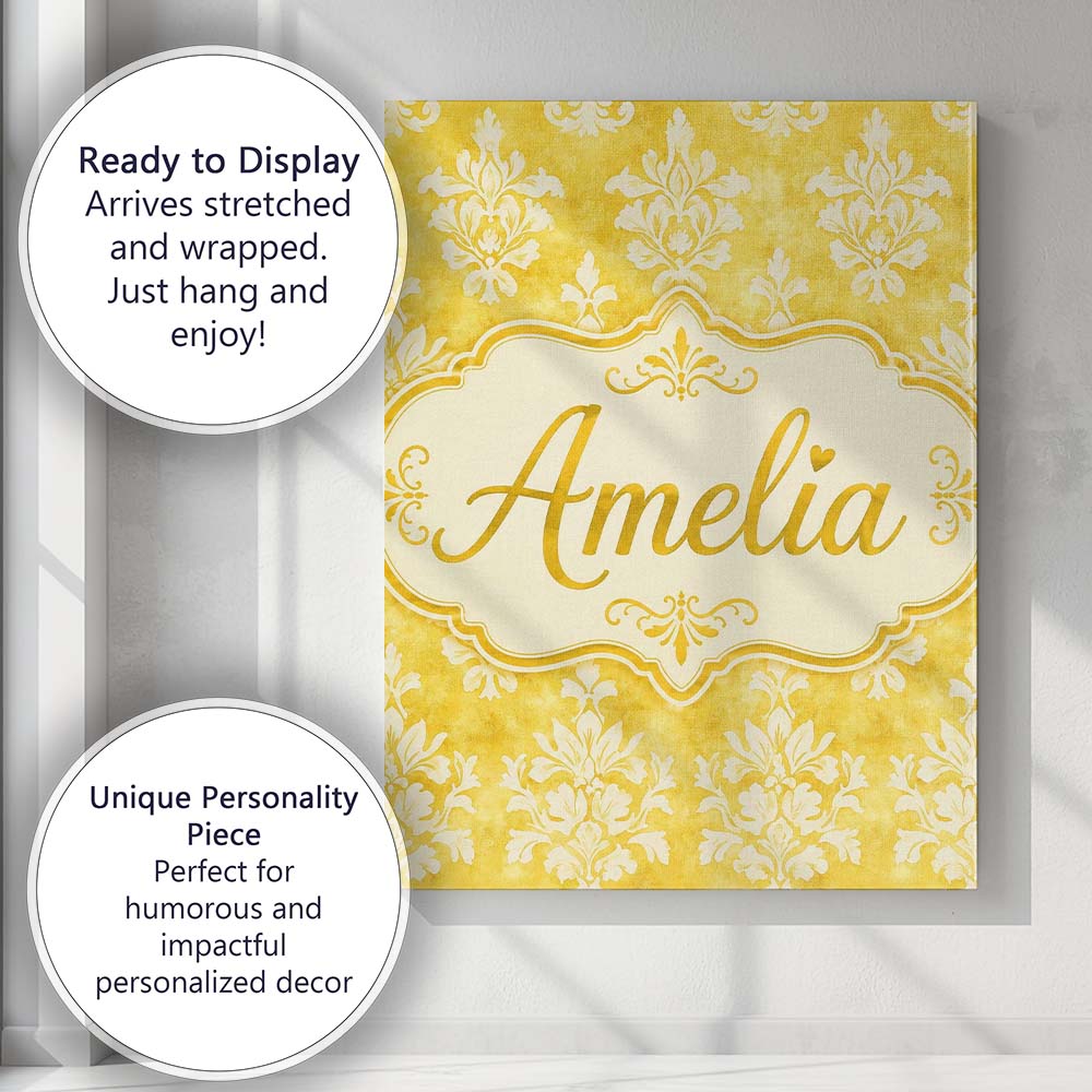 Personalised Name Yellow Watercolor Damask Custom  Unique Gift Idea Elegant Feature Canvas Wall Art Print Decor Picture Ready to Hang