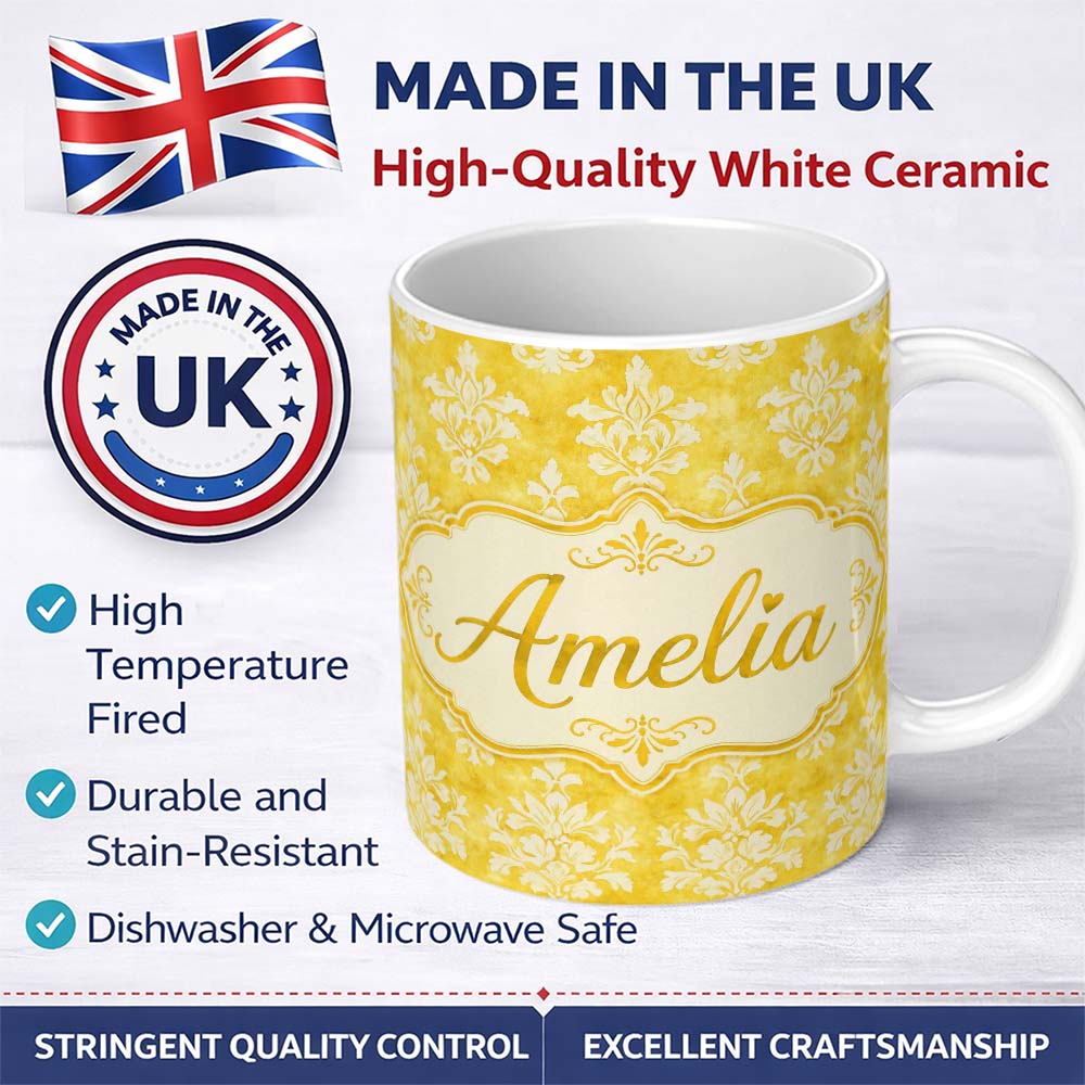 Personalized Custom Name Yellow Watercolor Damask Classic Elegant Seamless Pattern Custom 11oz Ceramic Coffee Tea Mug White Large Handle