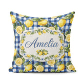 Custom Name Lemon Blue Gingham Picnic Seamless Pattern Name Cute Square Filled Cushion Throw Pillow Sofa Bed Home Decor Zip Washable UK Made
