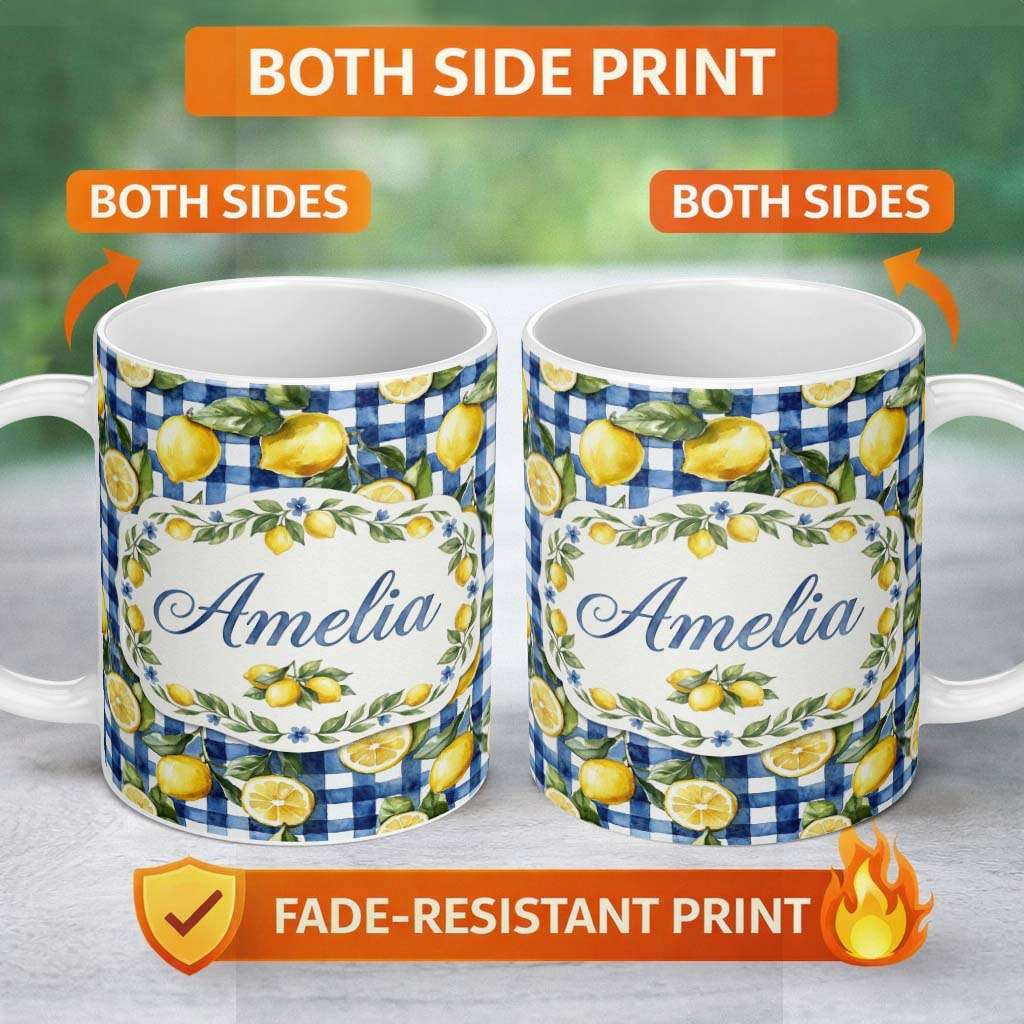 Personalized Custom Name Lemon Fruit Blue Gingham Picnic Seamless Pattern Name Cute Unique 11oz Ceramic Coffee Tea Mug White Large Handle