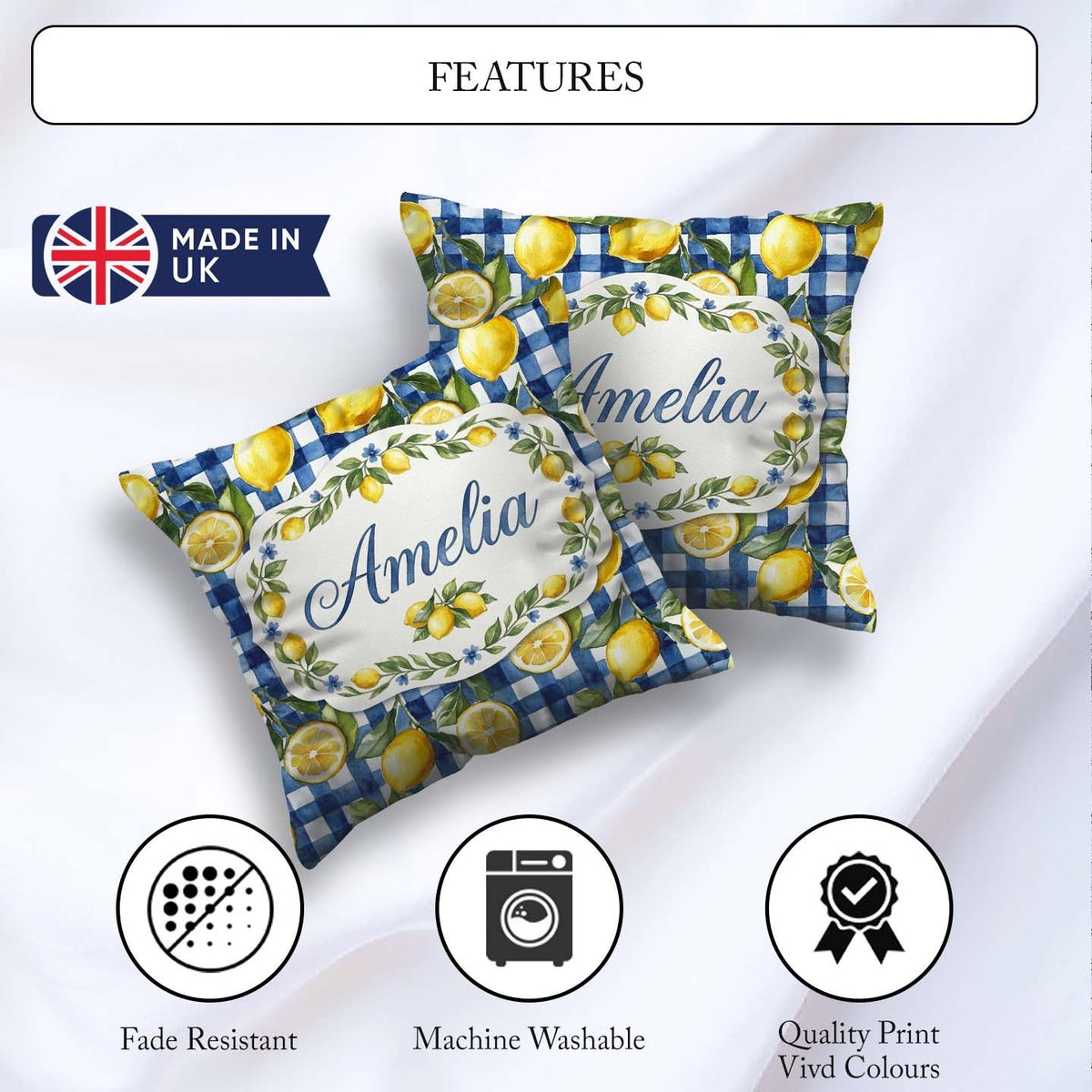 Custom Name Lemon Blue Gingham Picnic Seamless Pattern Name Cute Square Filled Cushion Throw Pillow Sofa Bed Home Decor Zip Washable UK Made