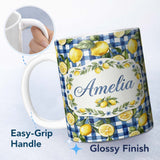 Personalized Custom Name Lemon Fruit Blue Gingham Picnic Seamless Pattern Name Cute Unique 11oz Ceramic Coffee Tea Mug White Large Handle