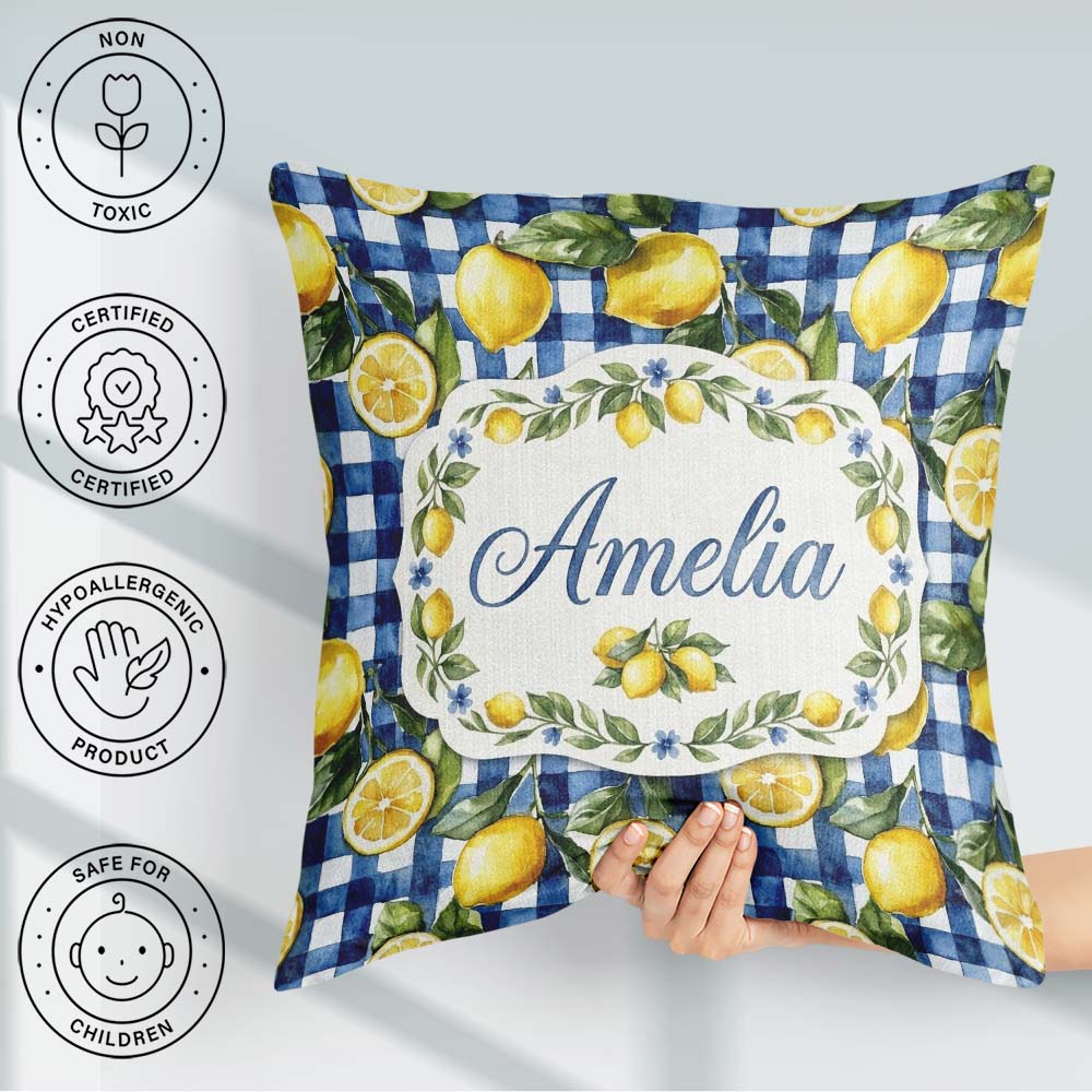 Custom Name Lemon Blue Gingham Picnic Seamless Pattern Name Cute Square Filled Cushion Throw Pillow Sofa Bed Home Decor Zip Washable UK Made