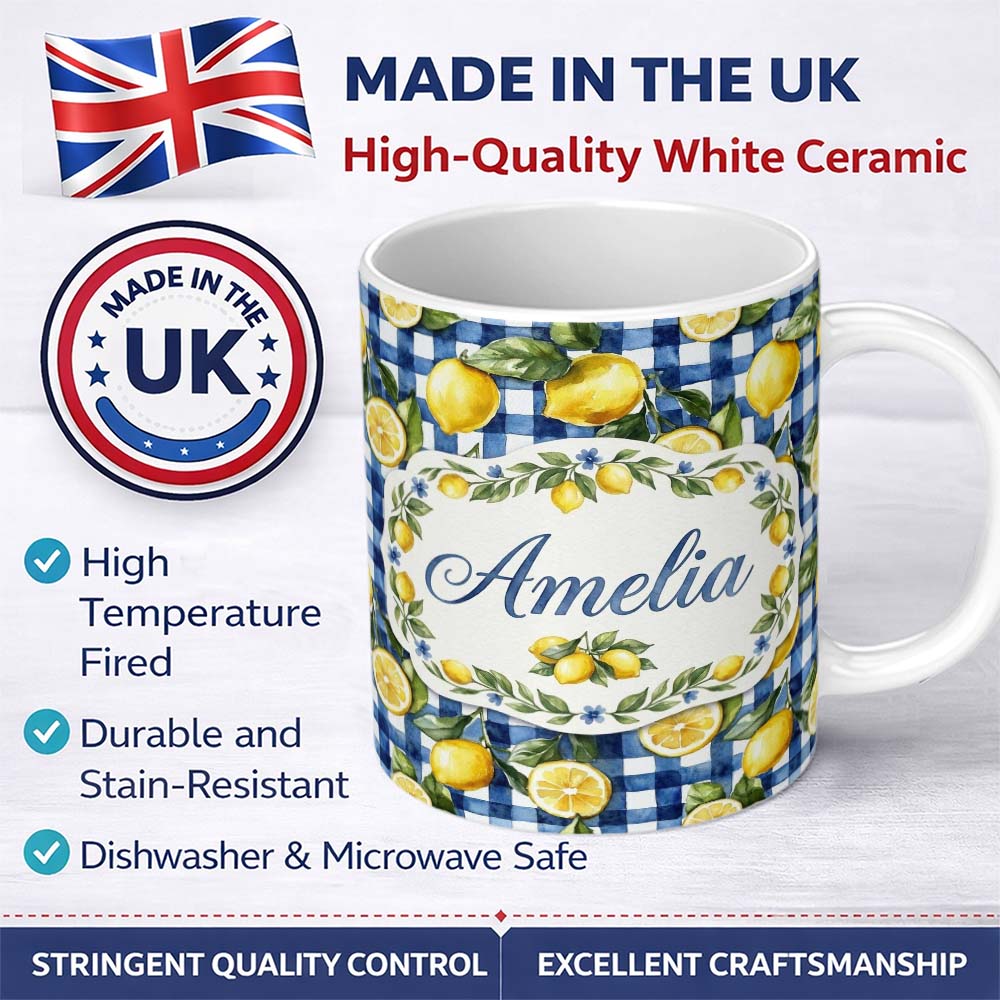 Personalized Custom Name Lemon Fruit Blue Gingham Picnic Seamless Pattern Name Cute Unique 11oz Ceramic Coffee Tea Mug White Large Handle