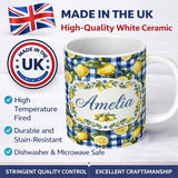 Personalized Custom Name Lemon Fruit Blue Gingham Picnic Seamless Pattern Name Cute Unique 11oz Ceramic Coffee Tea Mug White Large Handle