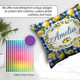 Custom Name Lemon Blue Gingham Picnic Seamless Pattern Name Cute Square Filled Cushion Throw Pillow Sofa Bed Home Decor Zip Washable UK Made