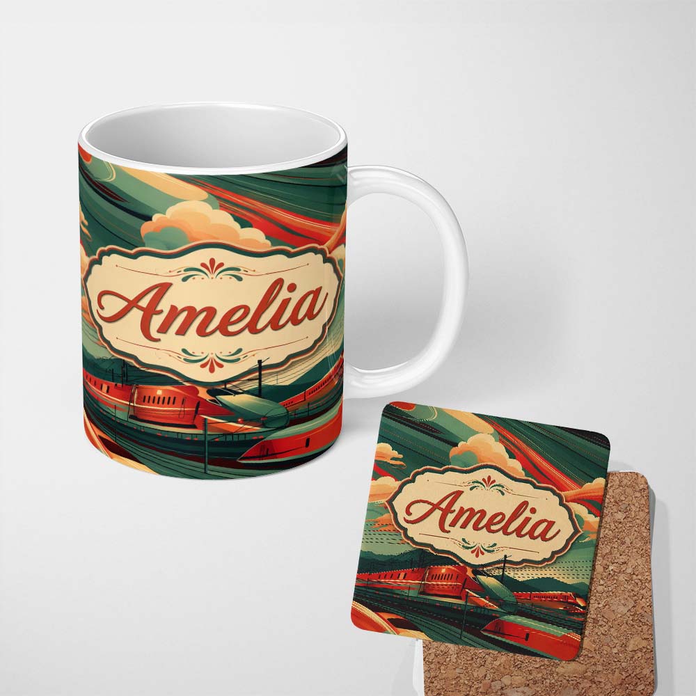 Personalized Custom Name High Speed Train Landscape with Power Lines and Sunset Sky Modern 11oz Ceramic Coffee Tea Mug White Large Handle