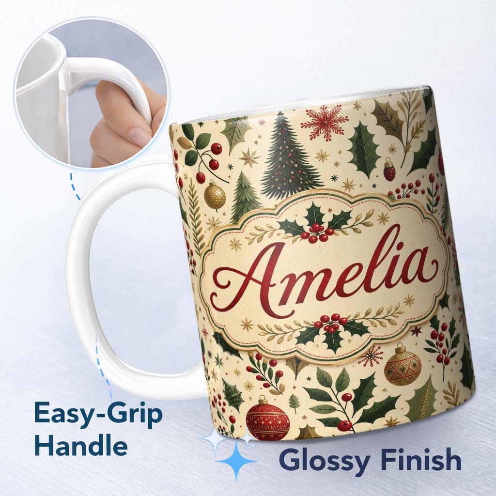 Personalized Custom Name Vintage Christmas Trees Holly Berries Baubles Festive Holiday Design 11oz Ceramic Coffee Tea Mug White Large Handle