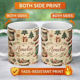 Personalized Custom Name Cozy Christmas Stockings Gifts Candy Canes Seamless Pattern Lovely 11oz Ceramic Coffee Tea Mug White Large Handle