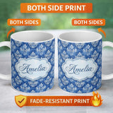 Personalized Custom Name Blue Vintage Damask Floral Classic Seamless Pattern Name Cute 11oz Ceramic Coffee Tea Mug White Large Handle
