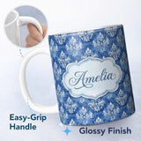 Personalized Custom Name Blue Vintage Damask Floral Classic Seamless Pattern Name Cute 11oz Ceramic Coffee Tea Mug White Large Handle