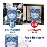 Personalized Custom Name Blue Vintage Damask Floral Classic Seamless Pattern Name Cute 11oz Ceramic Coffee Tea Mug White Large Handle