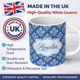 Personalized Custom Name Blue Vintage Damask Floral Classic Seamless Pattern Name Cute 11oz Ceramic Coffee Tea Mug White Large Handle