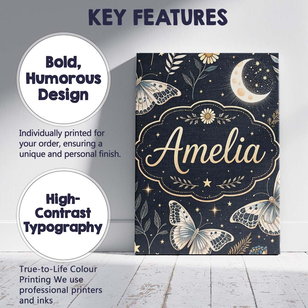 Personalised Name Celestial Butterfly Moon Stars Night Sky Botanical Custom  Home Canvas Wall Art Print Decor Picture Ready to Hang