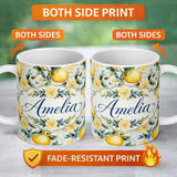 Personalized Custom Name Lemon Botanical Script Background Seamless Pattern Name Cute Unique 11oz Ceramic Coffee Tea Mug White Large Handle