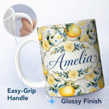 Personalized Custom Name Lemon Botanical Script Background Seamless Pattern Name Cute Unique 11oz Ceramic Coffee Tea Mug White Large Handle