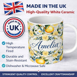 Personalized Custom Name Lemon Botanical Script Background Seamless Pattern Name Cute Unique 11oz Ceramic Coffee Tea Mug White Large Handle