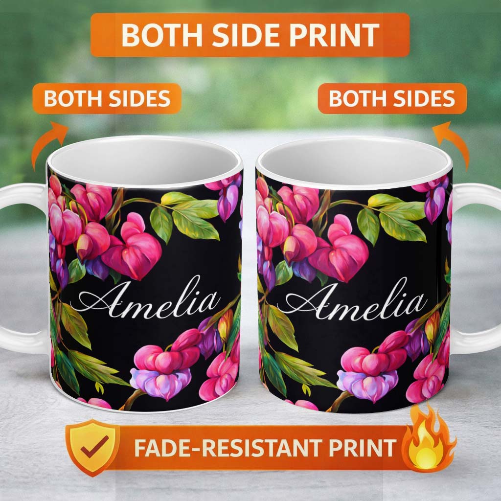 Personalized Custom Name Vibrant Pink Bleeding Heart Flowers Dark Background Floral Pattern 11oz Ceramic Coffee Tea Mug White Large Handle
