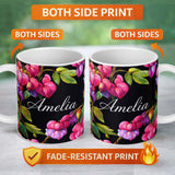Personalized Custom Name Vibrant Pink Bleeding Heart Flowers Dark Background Floral Pattern 11oz Ceramic Coffee Tea Mug White Large Handle