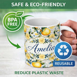 Personalized Custom Name Lemon Botanical Script Background Seamless Pattern Name Cute Unique 11oz Ceramic Coffee Tea Mug White Large Handle