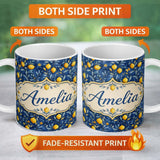 Personalized Custom Name Lemon Branch Navy Botanical Elegant Seamless Pattern Name Cute 11oz Ceramic Coffee Tea Mug White Large Handle