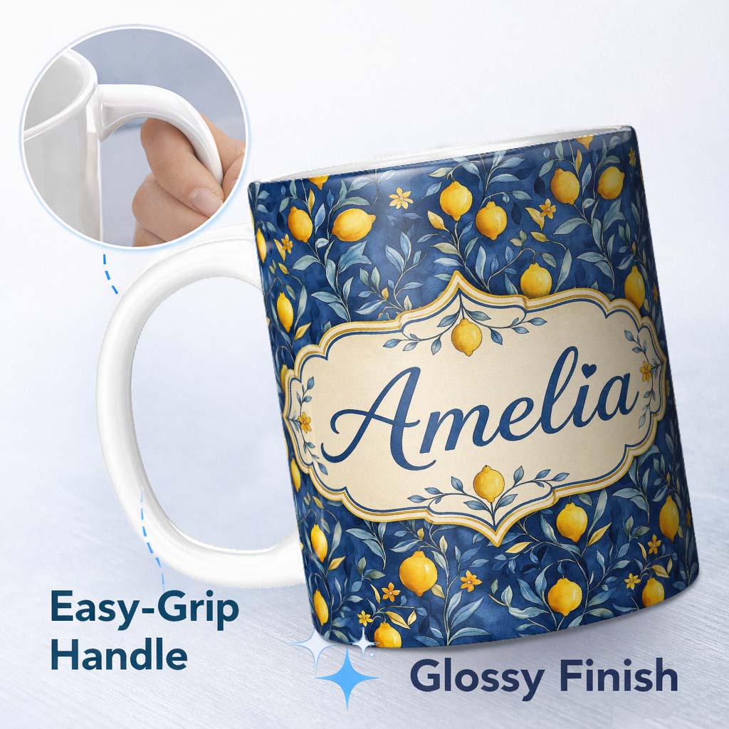 Personalized Custom Name Lemon Branch Navy Botanical Elegant Seamless Pattern Name Cute 11oz Ceramic Coffee Tea Mug White Large Handle