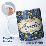 Personalized Custom Name Lemon Branch Navy Botanical Elegant Seamless Pattern Name Cute 11oz Ceramic Coffee Tea Mug White Large Handle
