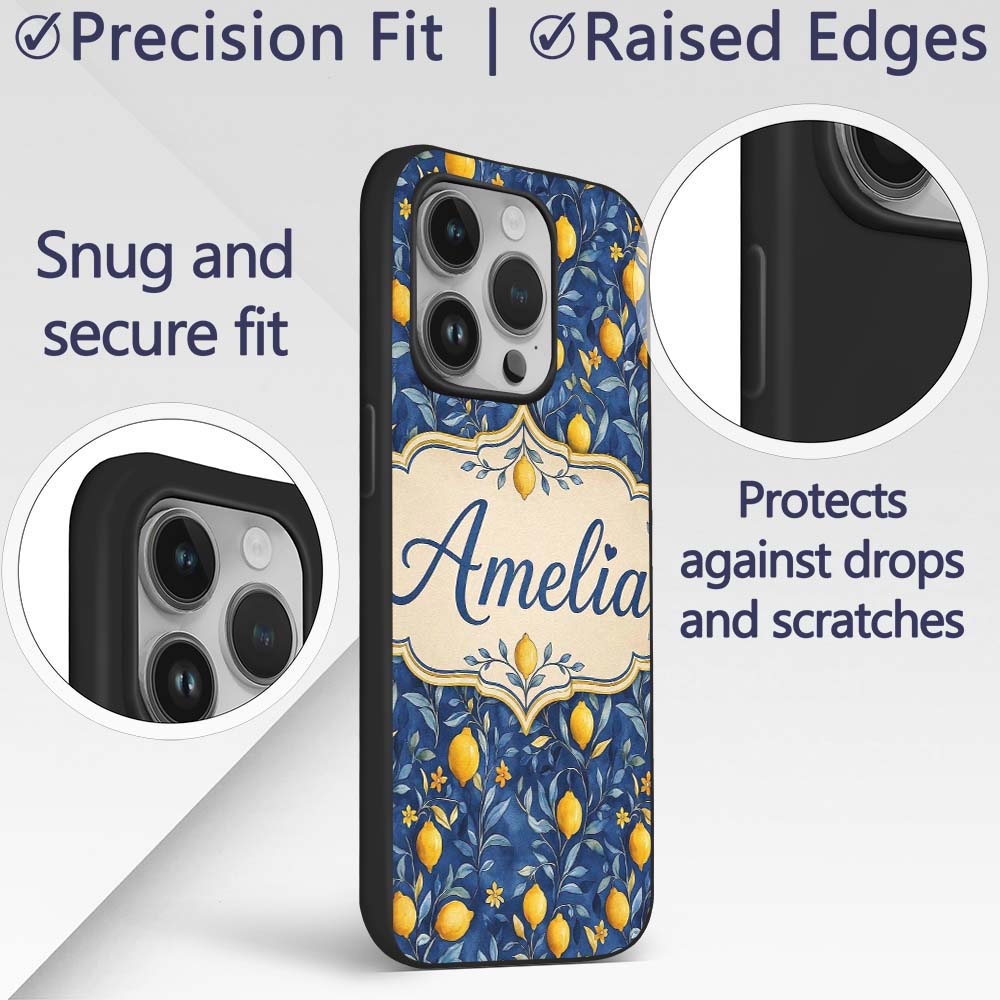 Lemon Branch Navy Botanical Elegant Seamless Custom Name Protective Phone Case Mobile Cover Durable Everyday Smartphone Shock Resistant