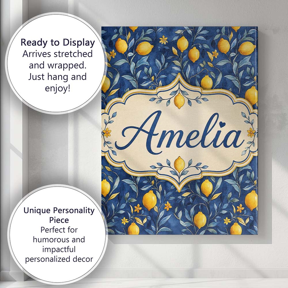 Personalised Name Lemon Branch Navy Botanical Custom Unique Gift Idea Modern Room Accent Canvas Wall Art Print Decor Picture Ready to Hang