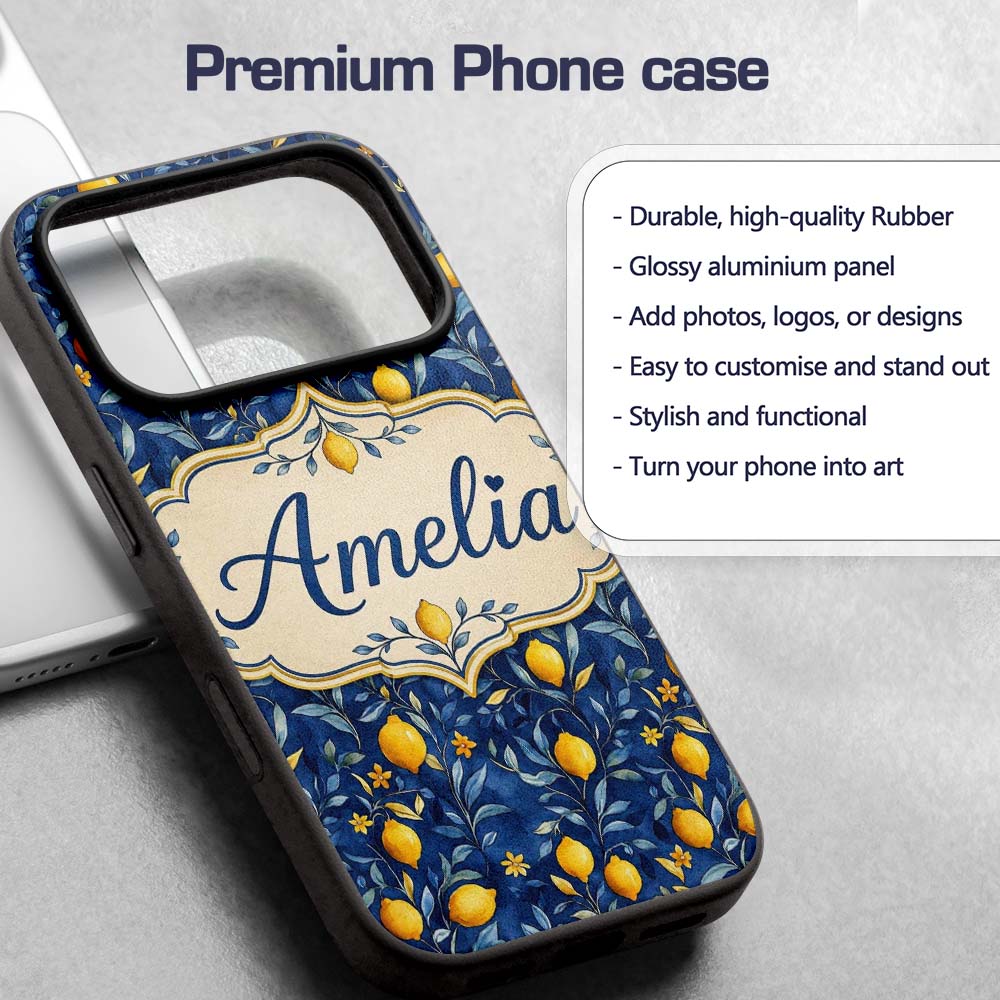 Lemon Branch Navy Botanical Elegant Seamless Custom Name Protective Phone Case Mobile Cover Durable Everyday Smartphone Shock Resistant