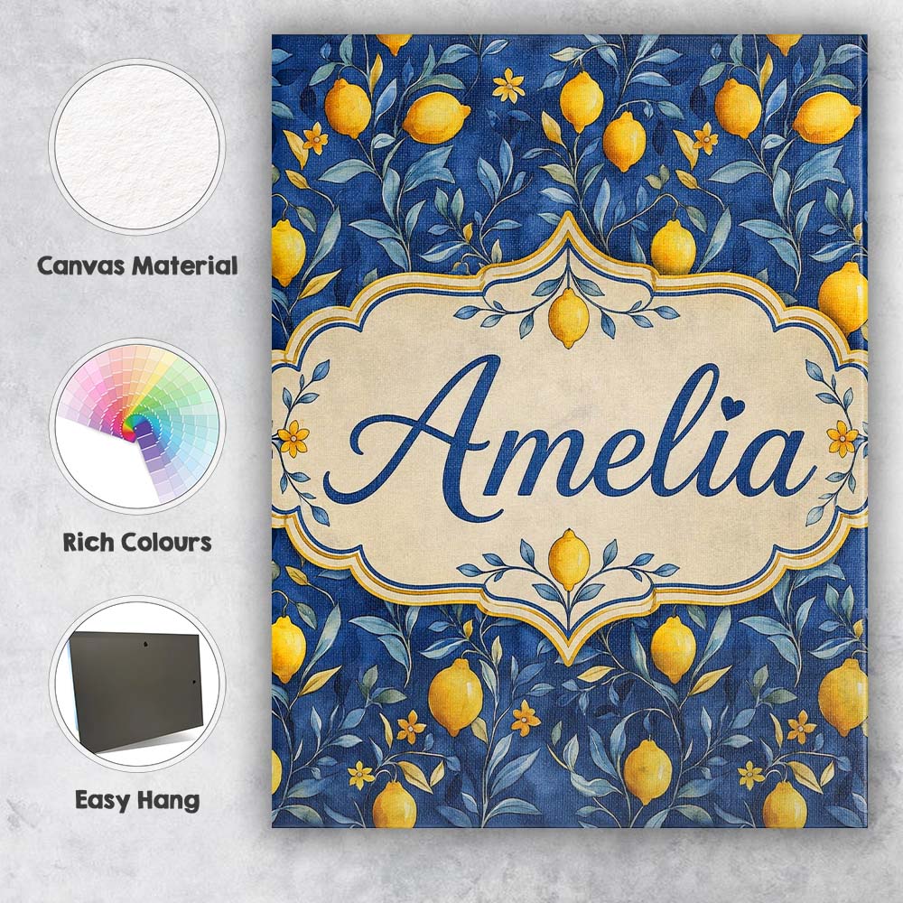 Personalised Name Lemon Branch Navy Botanical Custom Unique Gift Idea Modern Room Accent Canvas Wall Art Print Decor Picture Ready to Hang