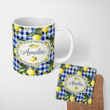Personalized Custom Name Lemon Gingham Fresh Summer Picnic Seamless Pattern Name Cute Unique 11oz Ceramic Coffee Tea Mug White Large Handle