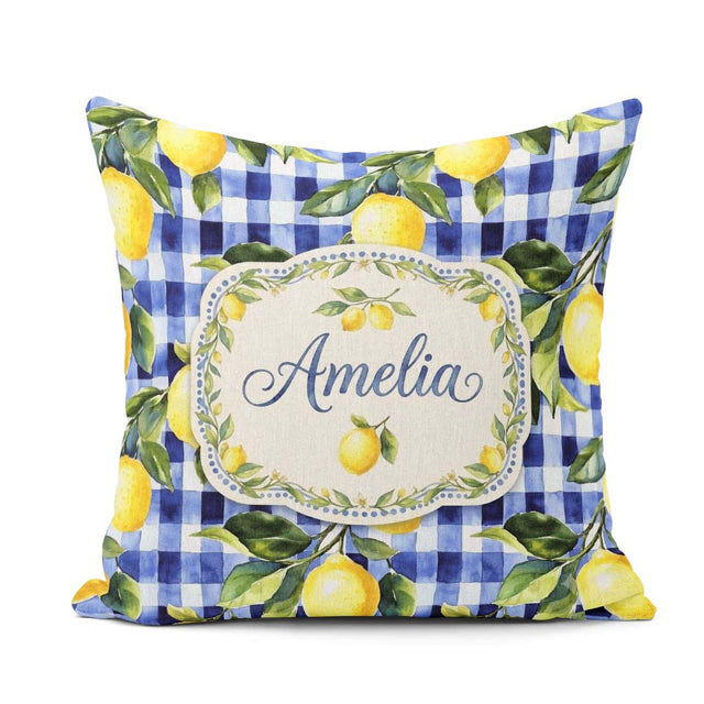 Custom Name Lemon Gingham Fresh Summer Picnic Seamless Name Cute Square Filled Cushion Throw Pillow Sofa Bed Home Decor Zip Washable UK Made