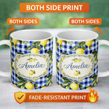Personalized Custom Name Lemon Gingham Fresh Summer Picnic Seamless Pattern Name Cute Unique 11oz Ceramic Coffee Tea Mug White Large Handle