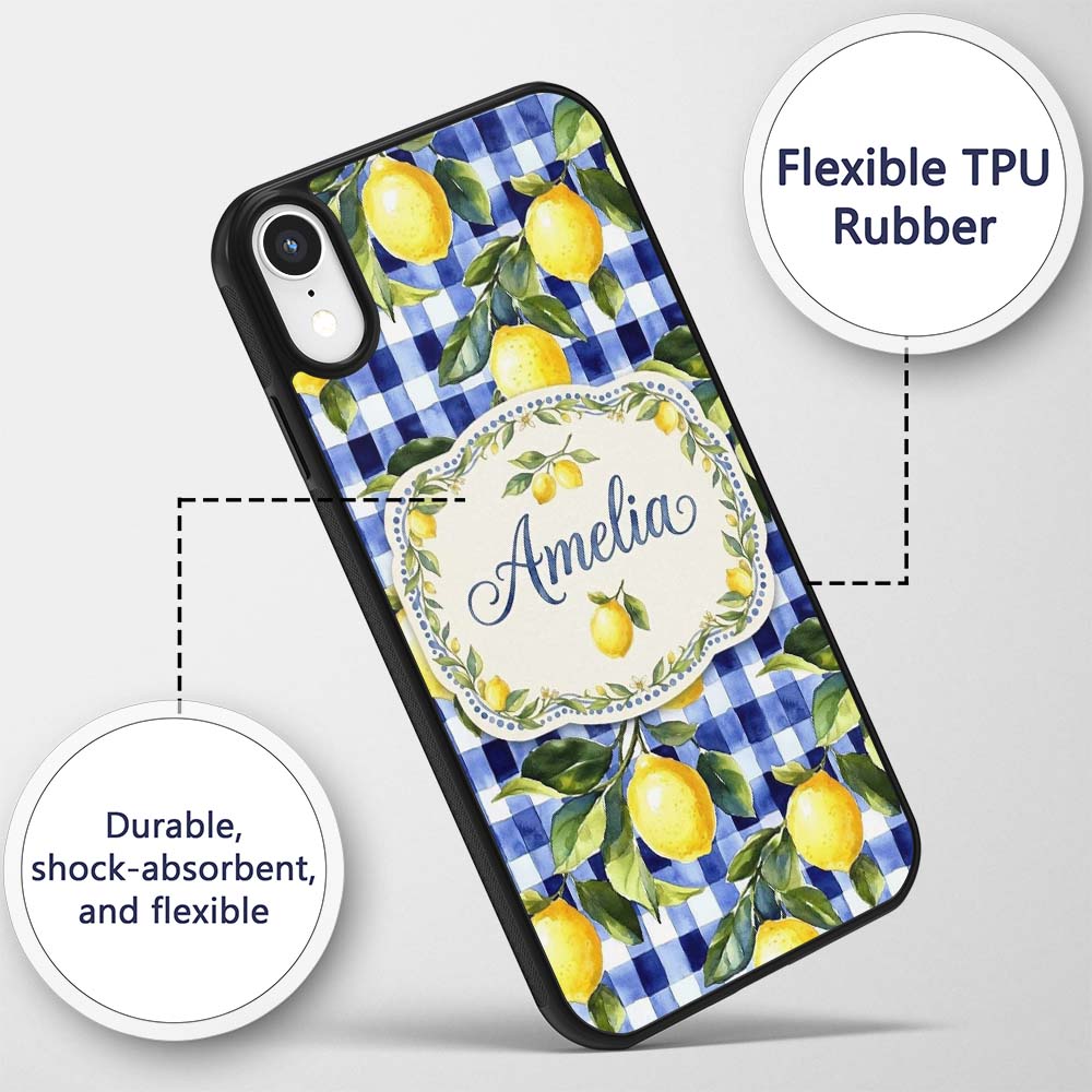Lemon Gingham Fresh Summer Picnic Printed Design Custom Name Protective Phone Case Mobile Cover Durable Everyday Smartphone Shock Resistant