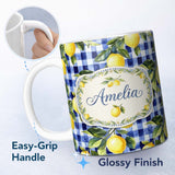 Personalized Custom Name Lemon Gingham Fresh Summer Picnic Seamless Pattern Name Cute Unique 11oz Ceramic Coffee Tea Mug White Large Handle