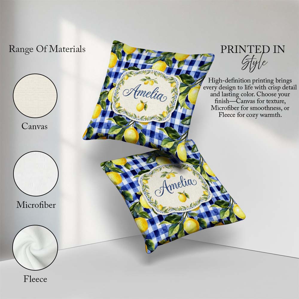Custom Name Lemon Gingham Fresh Summer Picnic Seamless Name Cute Square Filled Cushion Throw Pillow Sofa Bed Home Decor Zip Washable UK Made