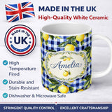 Personalized Custom Name Lemon Gingham Fresh Summer Picnic Seamless Pattern Name Cute Unique 11oz Ceramic Coffee Tea Mug White Large Handle