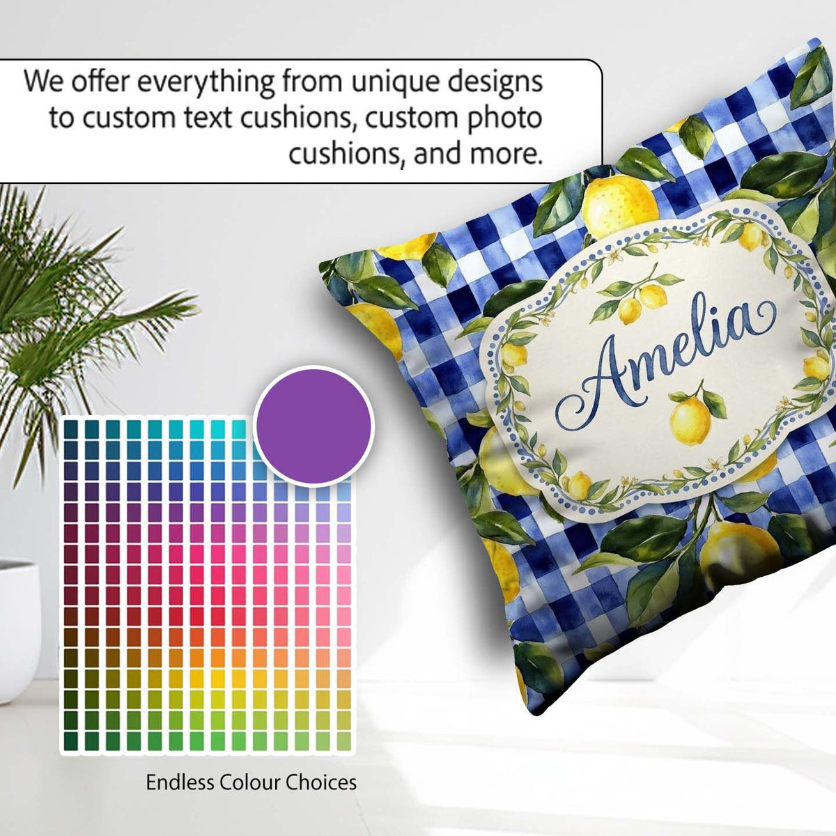 Custom Name Lemon Gingham Fresh Summer Picnic Seamless Name Cute Square Filled Cushion Throw Pillow Sofa Bed Home Decor Zip Washable UK Made