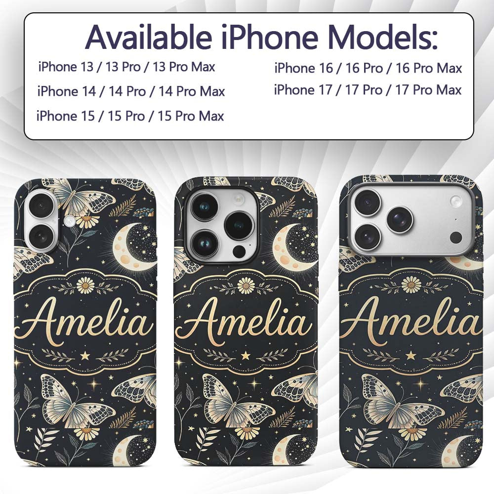 Celestial Butterfly Moon Stars Printed Design Custom Name Protective Phone Case Mobile Cover Durable Everyday Smartphone Shock Resistant