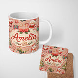Personalized Custom Name Cute Santa Claus Mrs Claus Snowman Christmas Gift Pattern Peach 11oz Ceramic Coffee Tea Mug White Large Handle