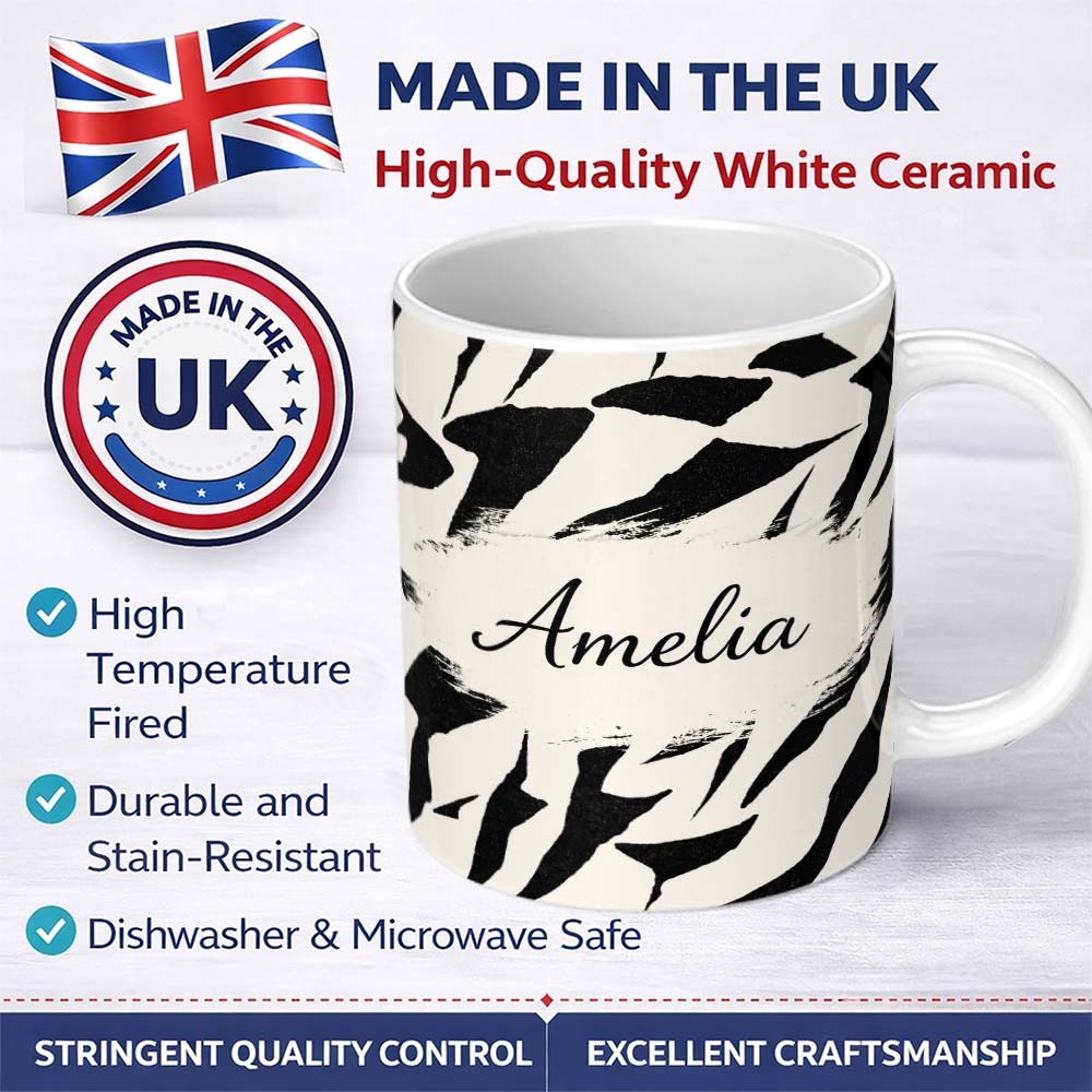 Personalized Custom Name Wavy Zebra Lines Black Cream Organic Stripe Pattern Cute Unique Gift 11oz Ceramic Coffee Tea Mug White Large Handle